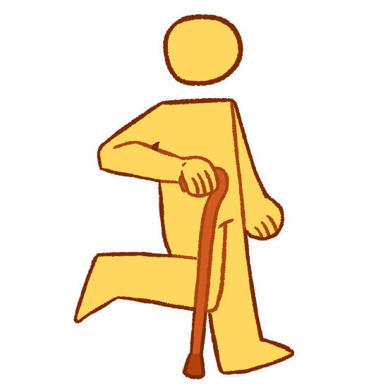 an emoji-yellow person walking to the right. they have their right leg and right arm up as they walk. they’re holding a light brown crook cane in their right hand.